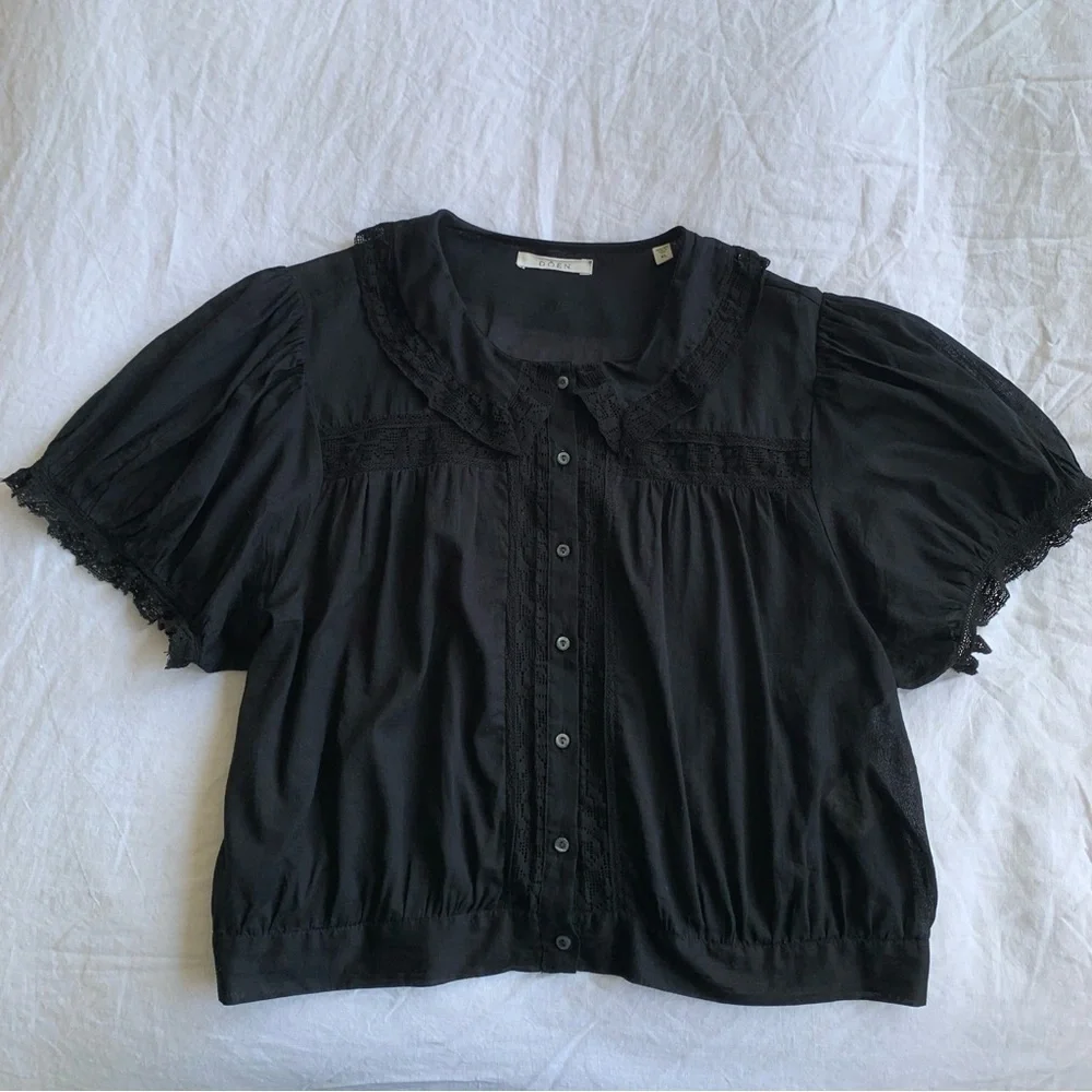 Doen Skylark Cotton Lace Collar Button Crop Short Puff Sleeve Blouse Top Black